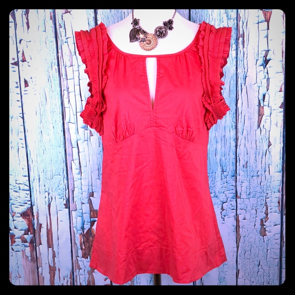 BCBG Maxazria Blouse Orange Sleeveless Ruffled Keyhole V Neck S - Picture 2 of 9